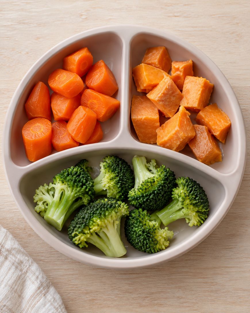 A divided plate containing sliced carrots, cubed sweet potatoes, and broccoli florets.