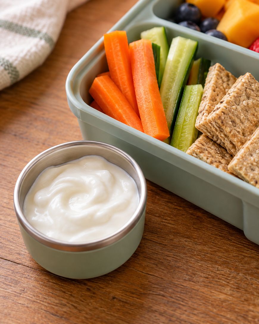 A small container of white dip next to a lunchbox filled with carrot sticks, cucumber slices, crackers, and fruit.