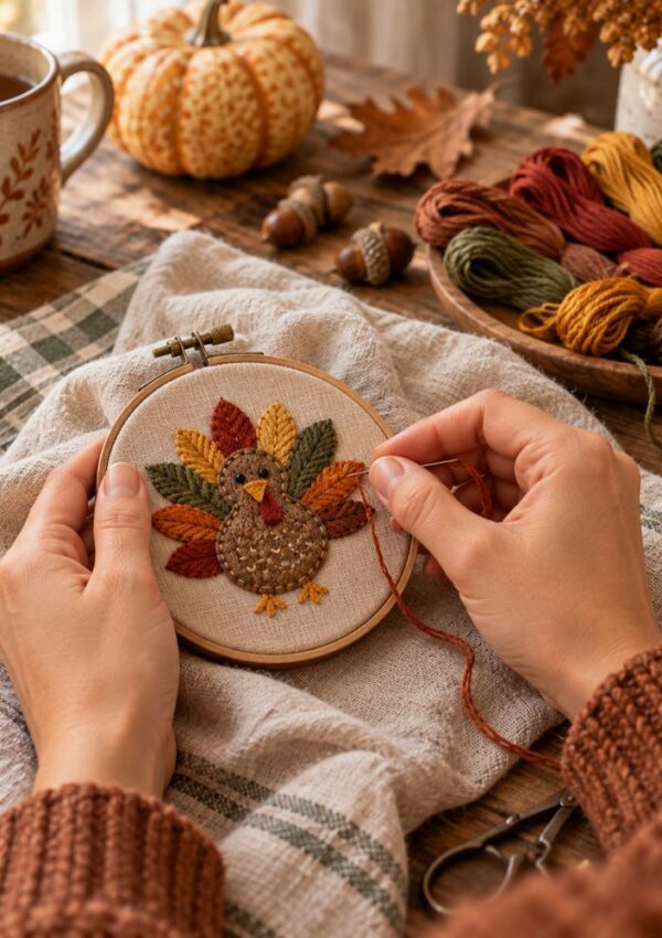 Hands embroidering a small turkey design into a circular hoop on a linen cloth, with autumn-themed craft supplies on a wooden table.