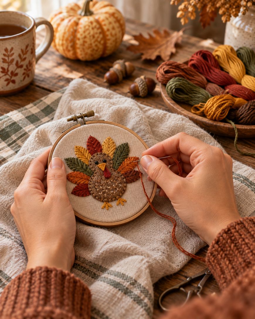 Hands holding an embroidery hoop featuring a stitched turkey with colorful leaf-shaped feathers.