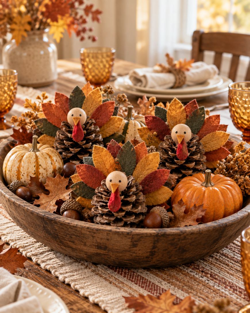 A wooden bowl centerpiece filled with three pinecone turkeys made with felt feathers, small pumpkins, and acorns on a dining table.