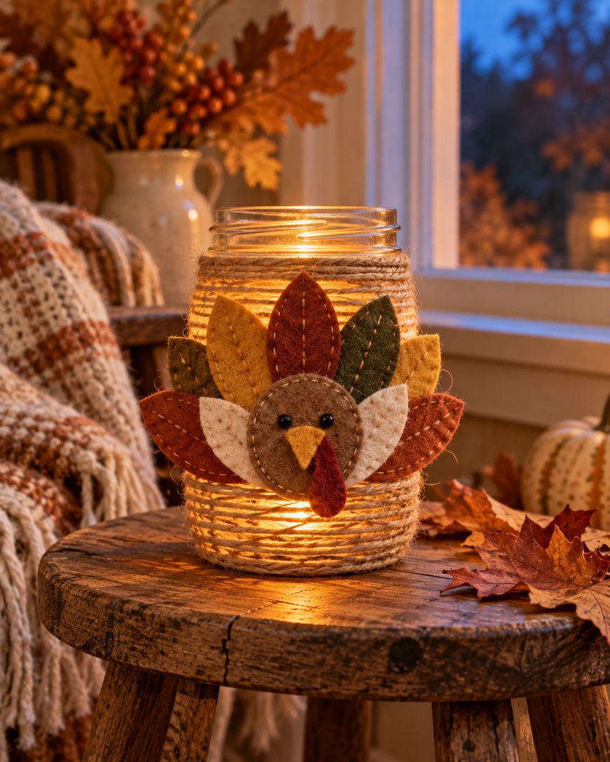 A mason jar wrapped in twine and decorated with a felt turkey sits on a wooden stool, glowing with a warm light from inside.