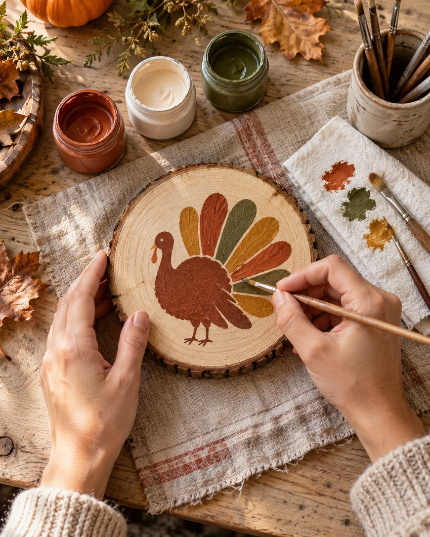 Hands painting a turkey onto a round wooden slice with autumnal colored paints.