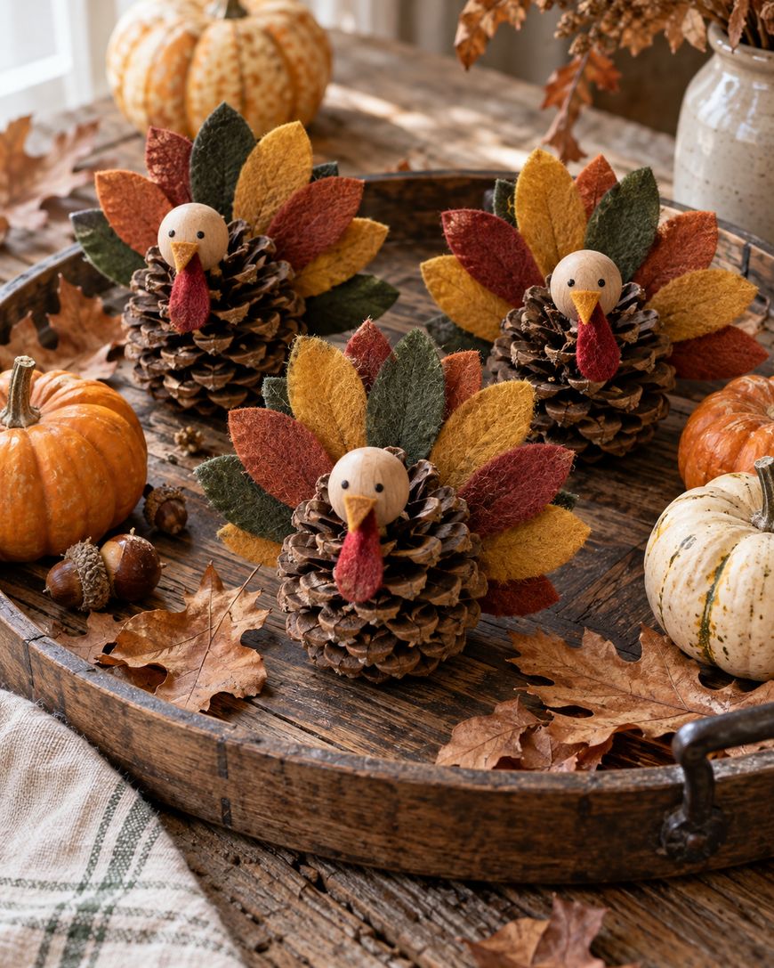 Three pinecone turkeys with felt tail feathers arranged on a wooden tray with small pumpkins and dried leaves.
