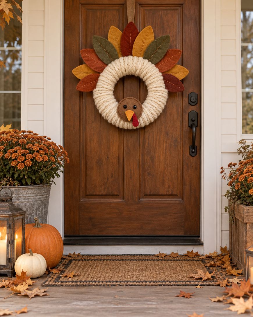 A turkey-shaped wreath made of yarn and felt hangs on a wooden front door, flanked by potted mums, pumpkins, and lanterns on a porch.