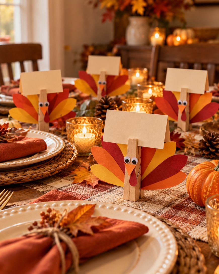 Thanksgiving table setting featuring place cards held by DIY clothespin turkeys made with colorful paper feathers.