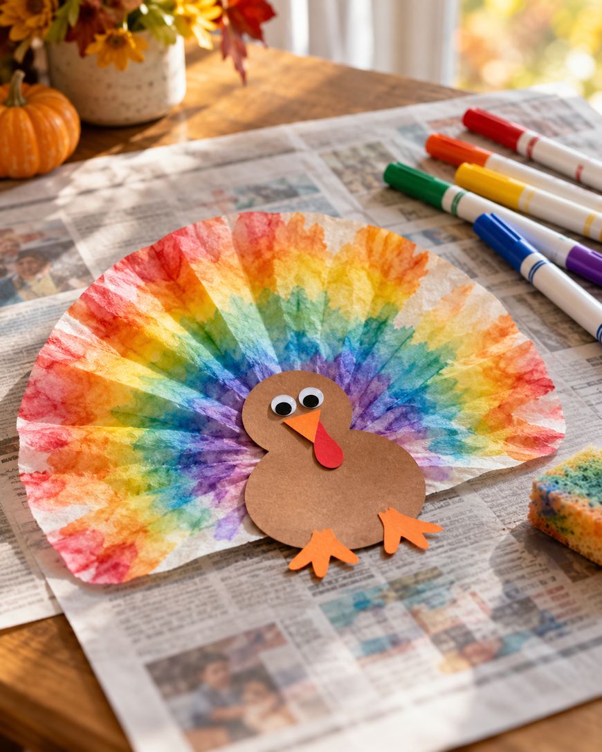 A turkey craft made from a tie-dyed coffee filter, brown construction paper, and googly eyes on a newspaper-covered table.