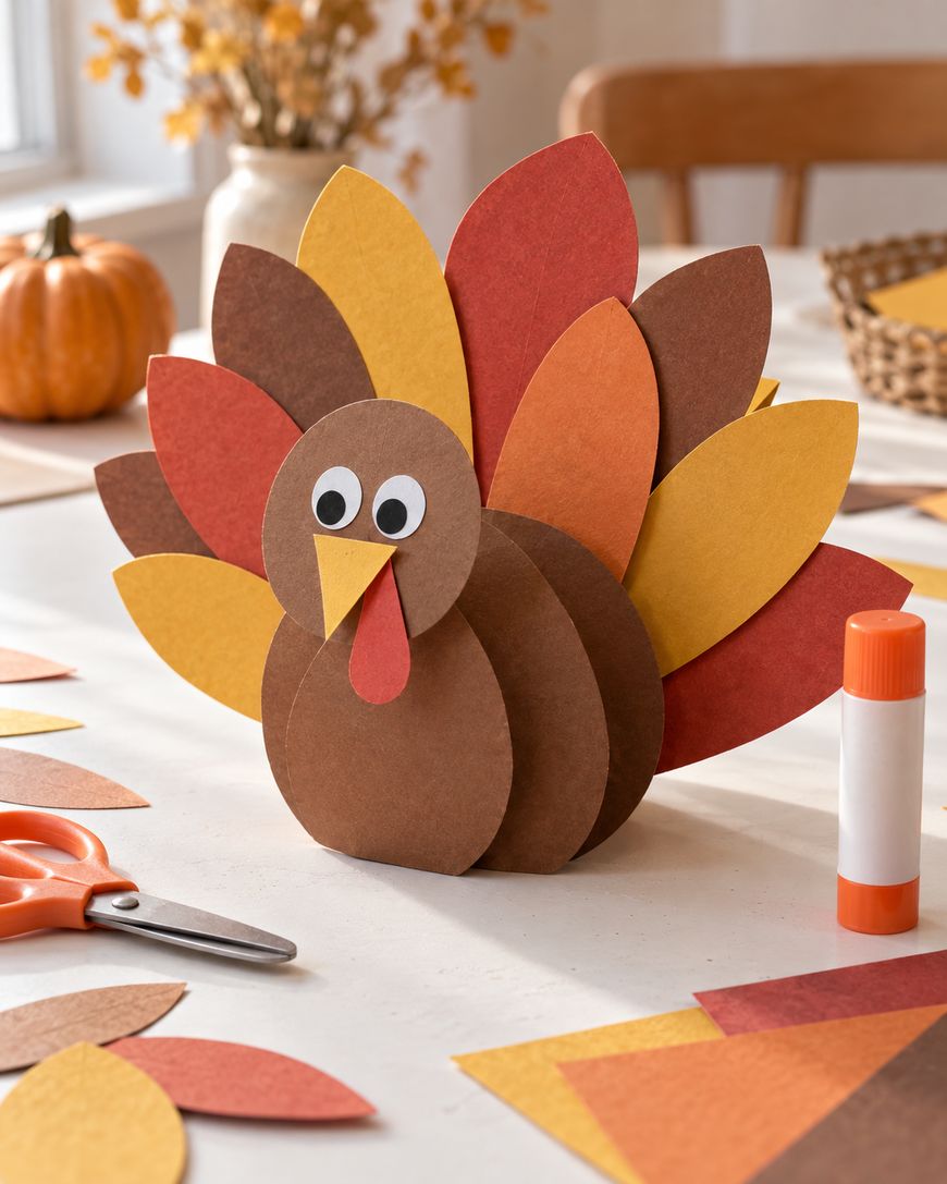 A paper craft turkey made of layered, multicolored leaves sits on a table with scissors and a glue stick.