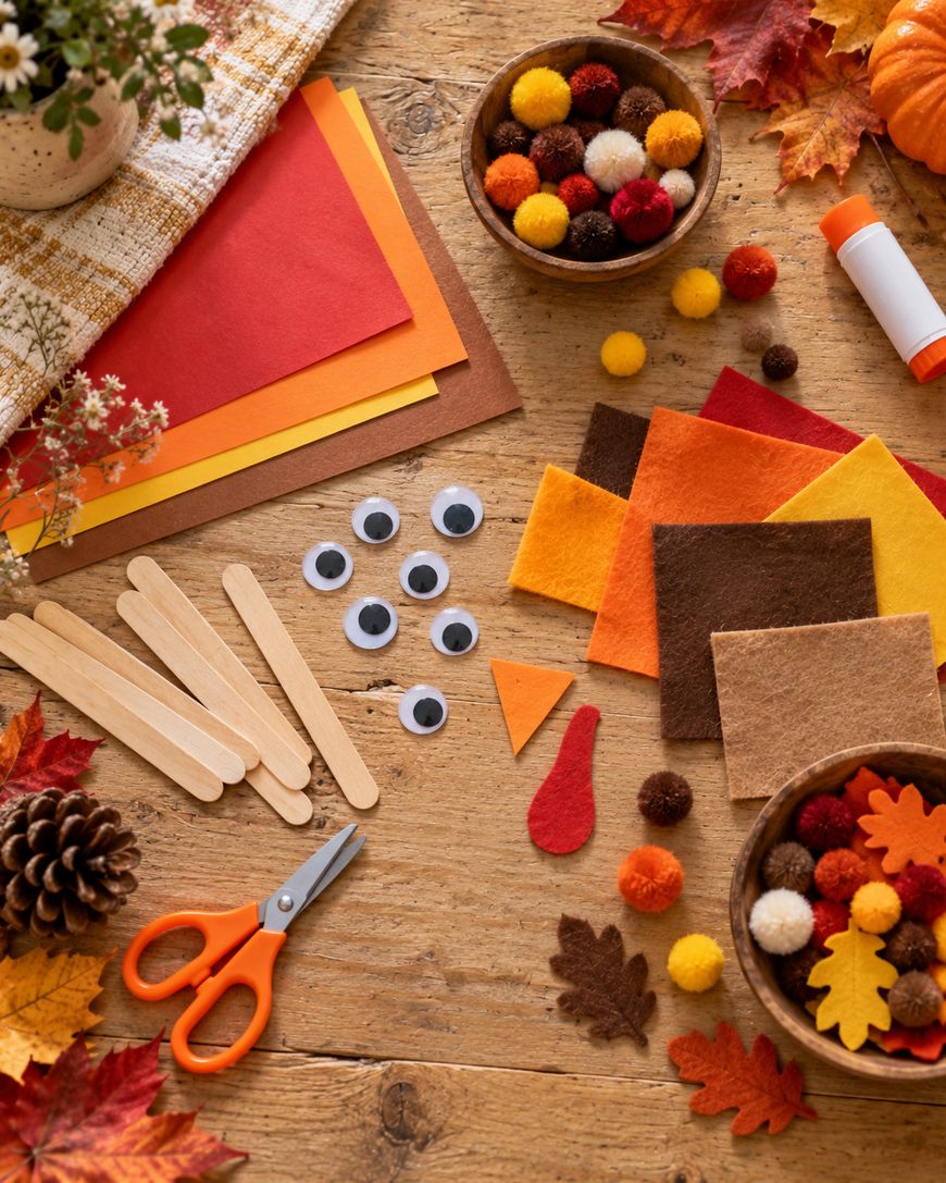 Craft supplies for making fall-themed puppets, including felt squares, craft sticks, googly eyes, pom-poms, scissors, and a glue stick on a wooden table.