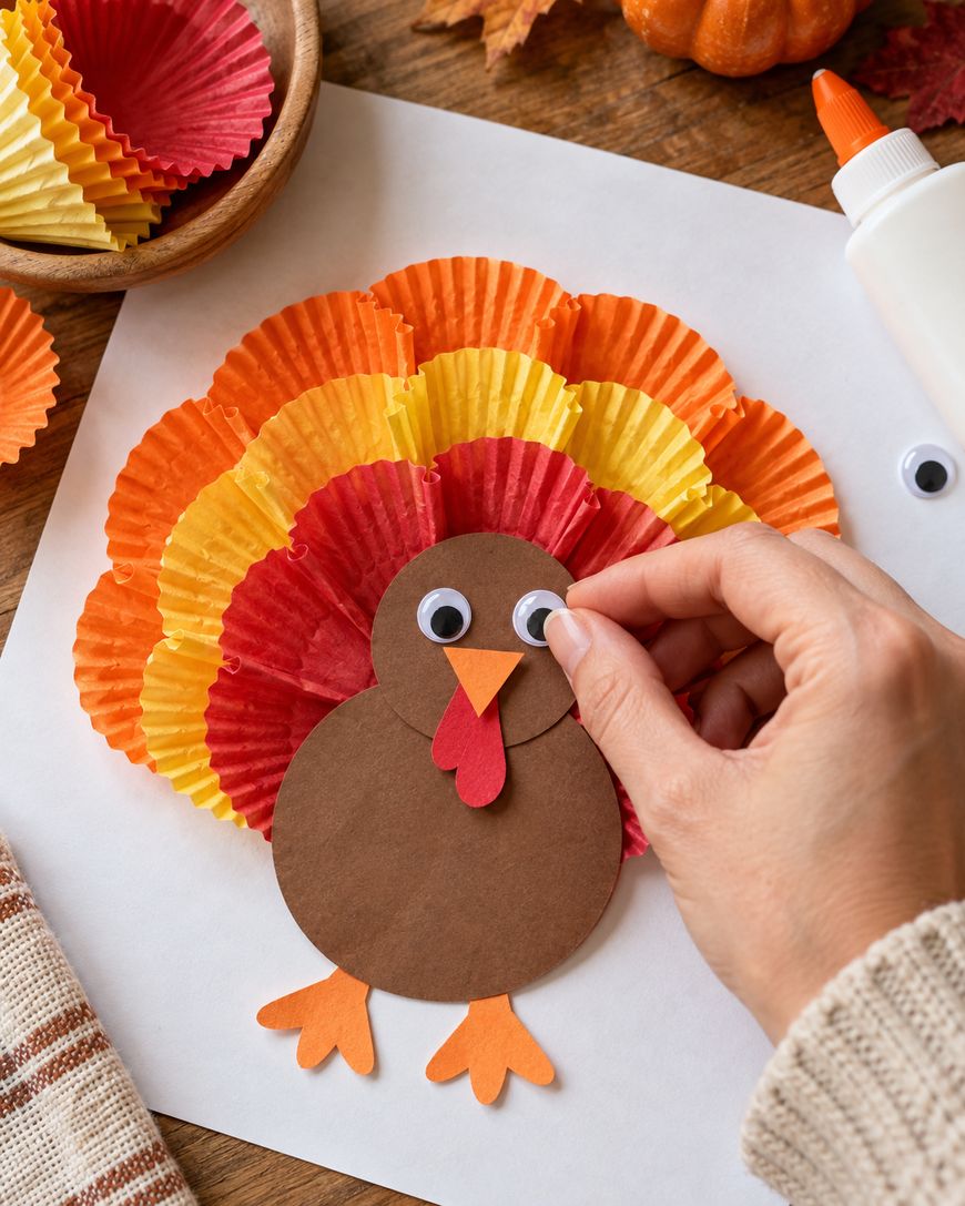 A hand attaches a googly eye to a turkey craft made from colorful cupcake liners and construction paper.