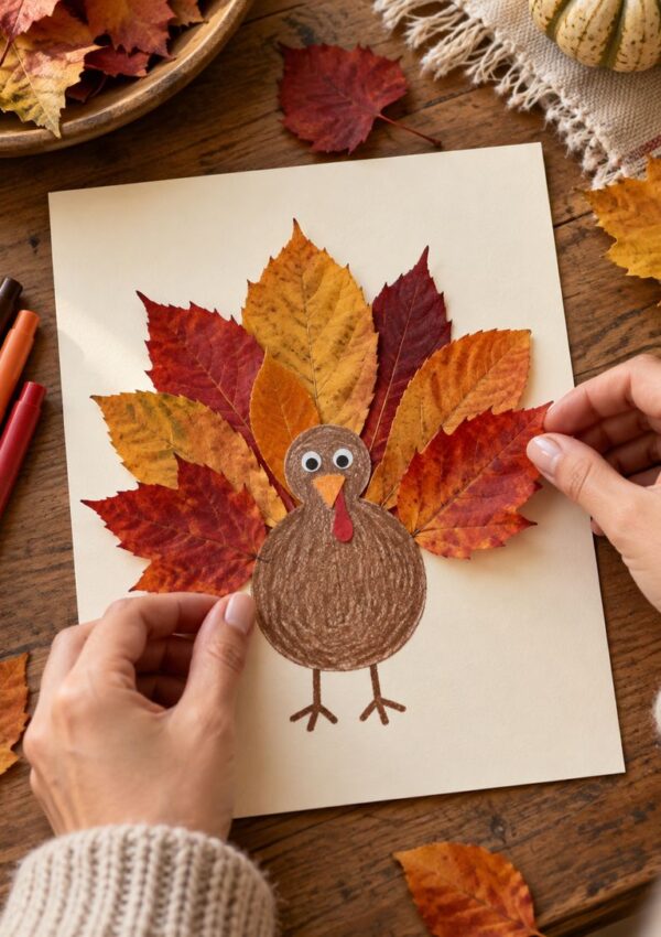 Hands assemble a turkey craft on paper, using colorful fallen leaves for feathers and a hand-drawn body with googly eyes.