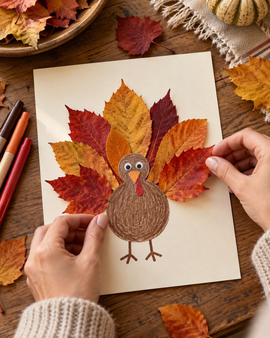 Hands assemble a turkey craft on paper, using colorful fallen leaves for feathers and a hand-drawn body with googly eyes.