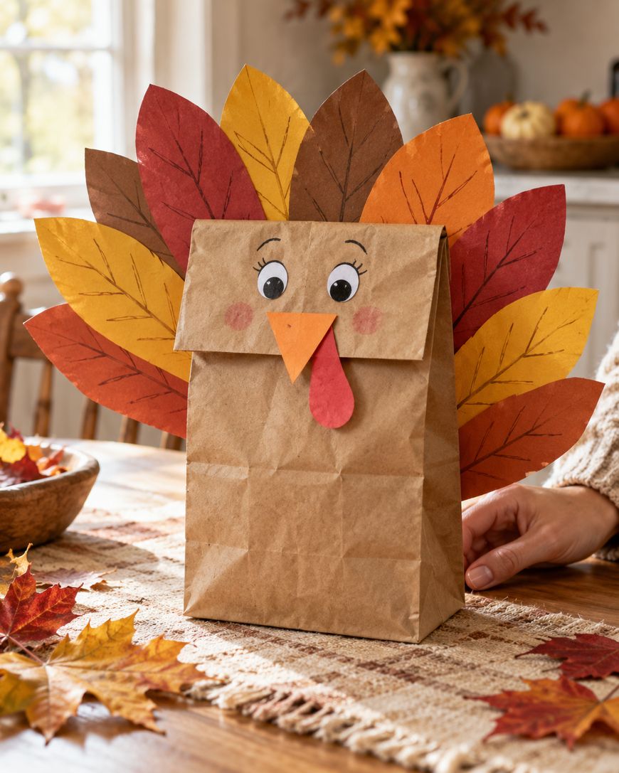 A brown paper bag decorated to look like a turkey with paper feather cutouts behind it.