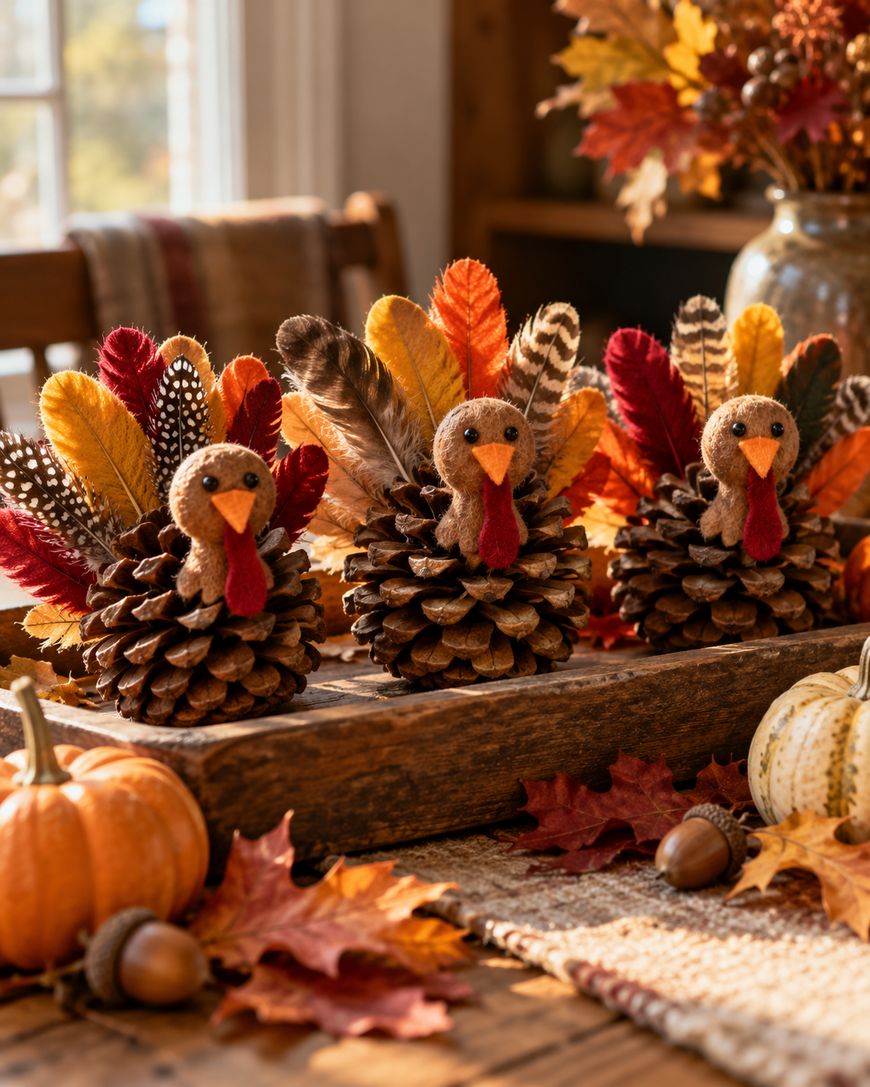 Three turkey figurines made of pinecones and colorful feathers sitting in a wooden tray on a table decorated with autumn leaves and small pumpkins.