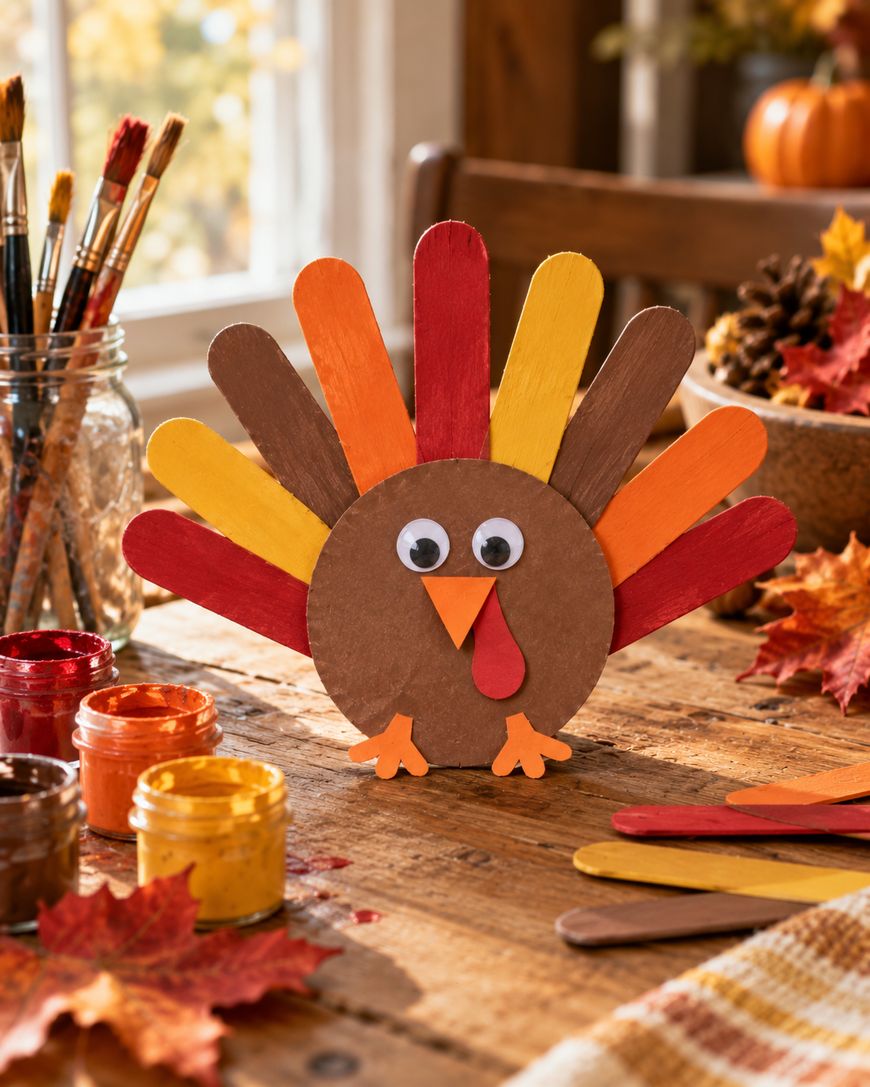 A craft turkey made from a brown paper circle and colorful popsicle stick feathers, standing on a wooden table with jars of paint.