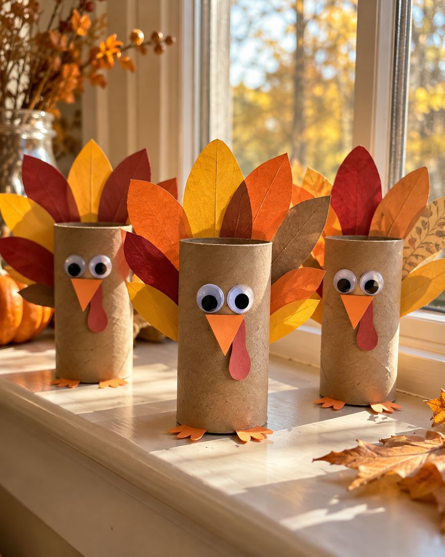 Three turkeys crafted from cardboard toilet paper rolls, paper leaves, and googly eyes, sitting on a windowsill.