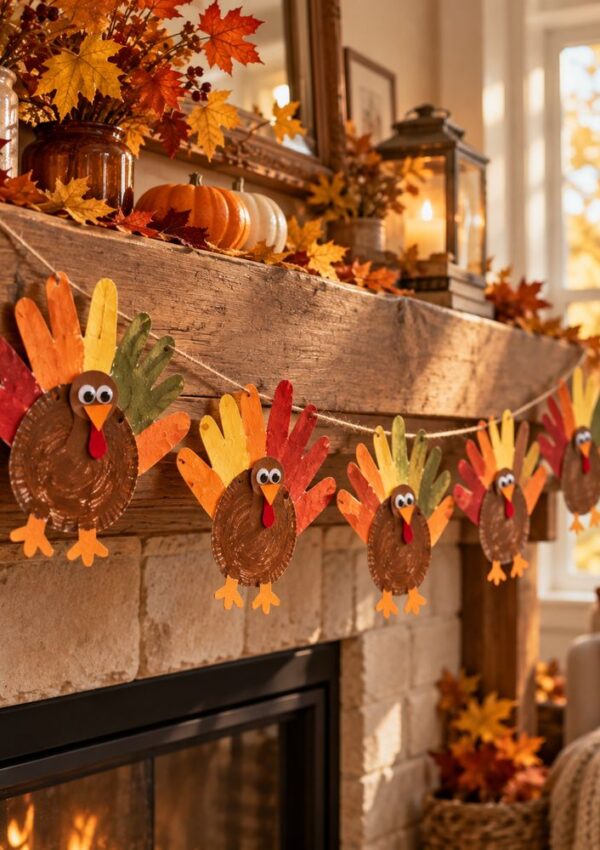 A handmade paper turkey garland hangs from a rustic wooden fireplace mantel decorated with autumn leaves and pumpkins.
