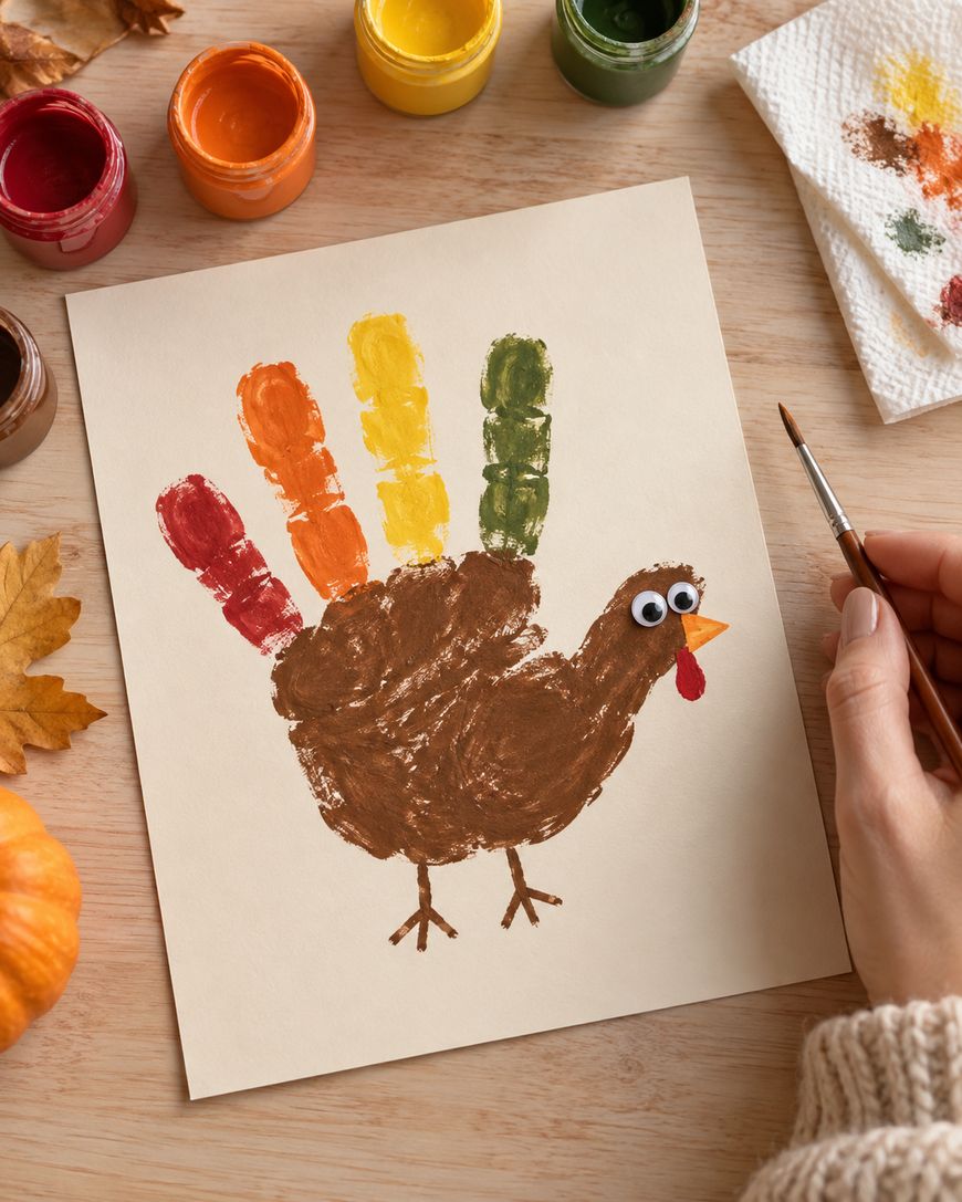 A hand holding a paintbrush works on a handprint turkey craft with googly eyes, surrounded by paint jars and autumn leaves on a wooden table.