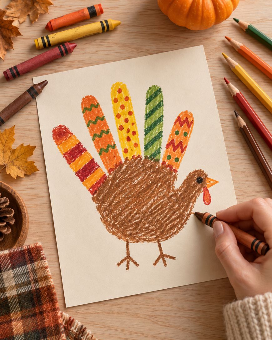 A hand uses a brown crayon to color a handprint turkey drawing on paper, surrounded by colored pencils, crayons, and autumn leaves on a wooden table.