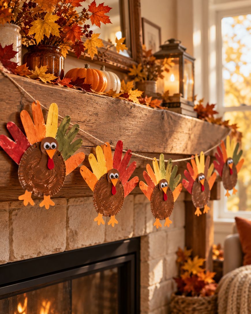 A handmade garland of five turkey cutouts made from paper plates and colorful handprint feathers hanging from a fireplace mantel decorated for autumn.