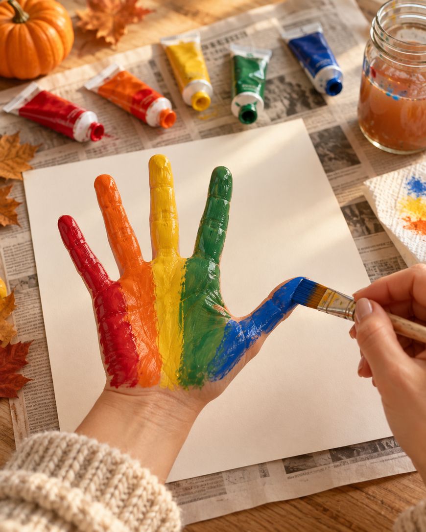 A person paints their hand with rainbow stripes using a paintbrush, over a blank sheet of paper surrounded by paint tubes and autumn leaves.