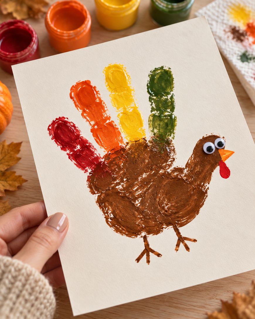 A hand-painted turkey craft made from a brown handprint with multicolored finger-painted feathers, googly eyes, and a paper beak on a piece of white paper.