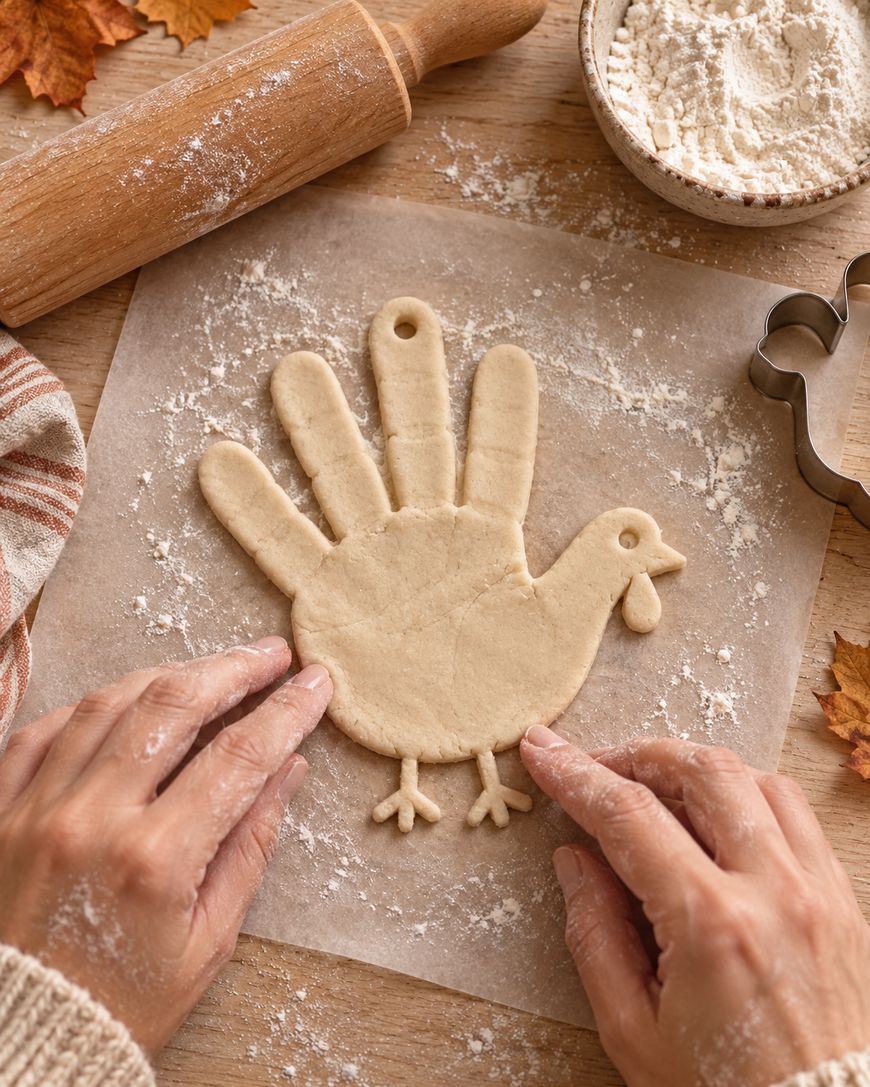 Hands shaping a turkey-shaped cookie dough cutout on parchment paper, with a rolling pin and flour nearby.
