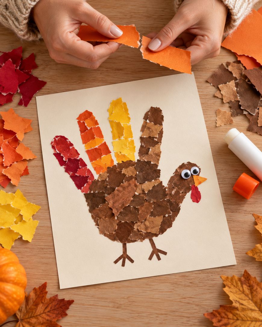 Hands tear orange paper above a construction paper turkey craft made of collage-style torn paper pieces on a wooden table.