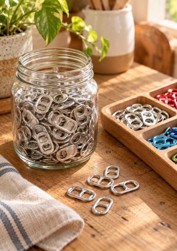 A glass jar filled with silver soda can tabs on a wooden table next to a tray containing sorted silver, red, blue, and green tabs.
