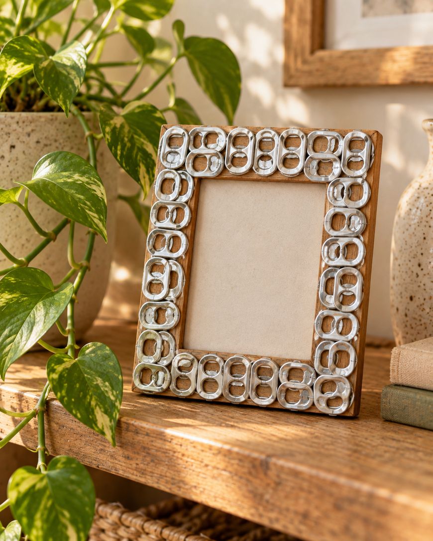 A wooden picture frame decorated with a border of silver soda can tabs, sitting on a wooden shelf next to a potted plant.