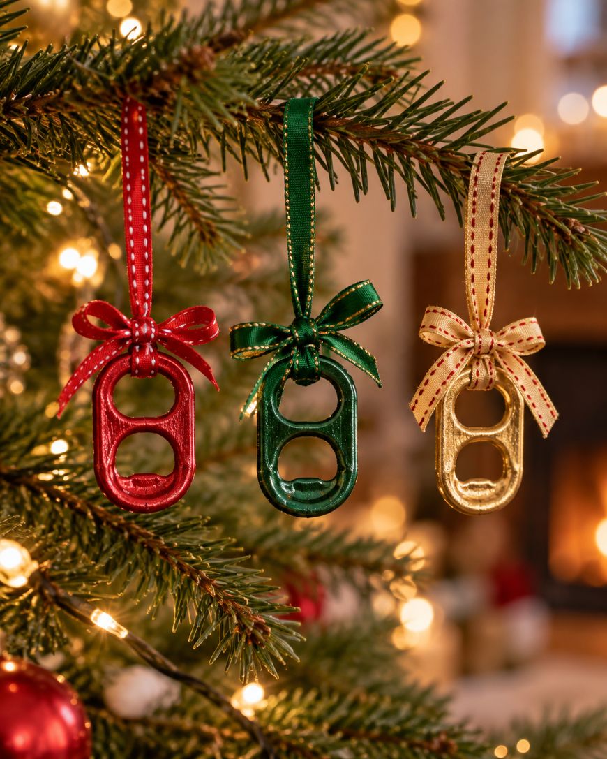 Three soda can tab ornaments in red, green, and gold, each hanging from a matching ribbon bow on a Christmas tree branch.