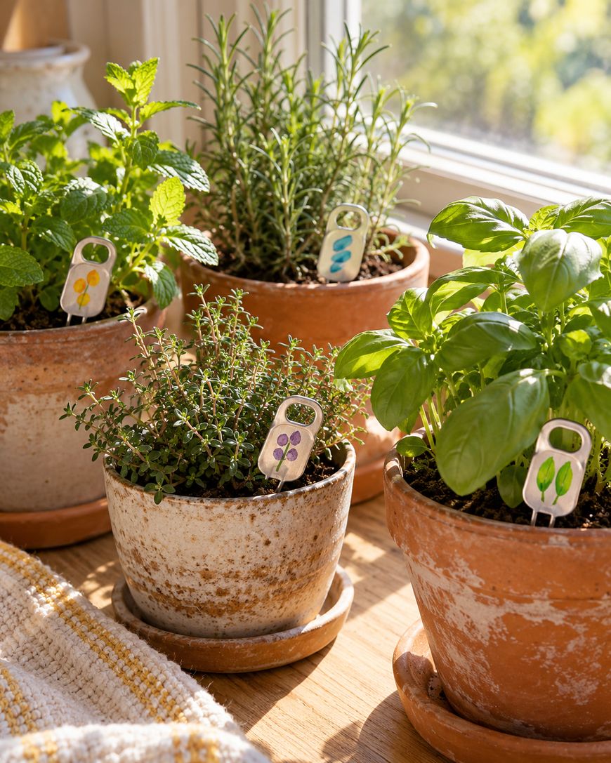 Four terracotta pots filled with herbs—mint, rosemary, thyme, and basil—sitting on a windowsill, each labeled with a small plant marker.