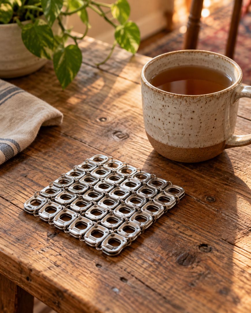A square coaster made of linked metal soda tabs sits on a wooden table next to a mug of tea and a small potted plant.
