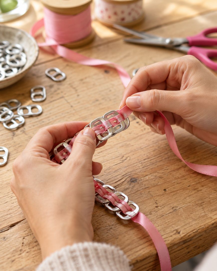 Hands threading pink ribbon through aluminum soda can tabs to create a bracelet.