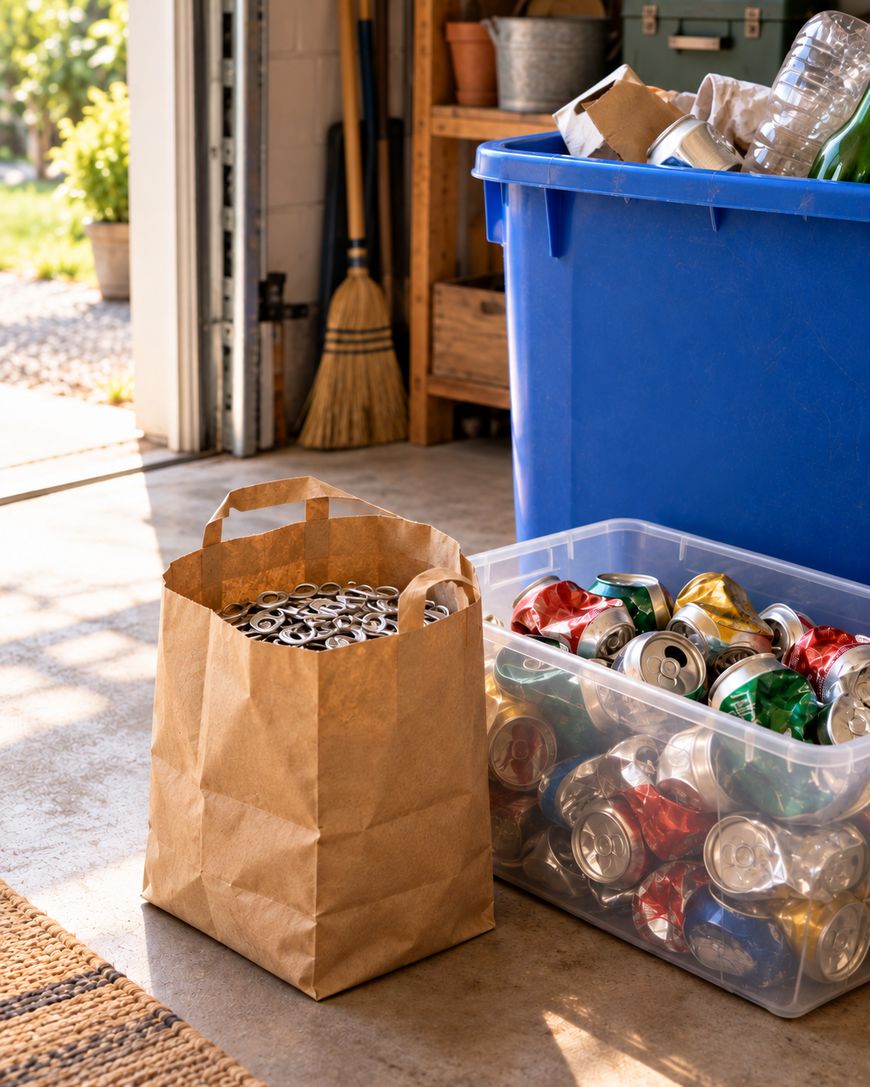 A paper bag filled with aluminum soda can tabs sits next to a clear plastic bin full of crushed aluminum cans and a large blue recycling bin.