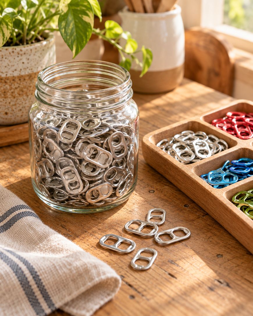A glass jar filled with silver soda can tabs on a wooden table, next to a partitioned wooden tray containing additional silver, red, blue, and green tabs.