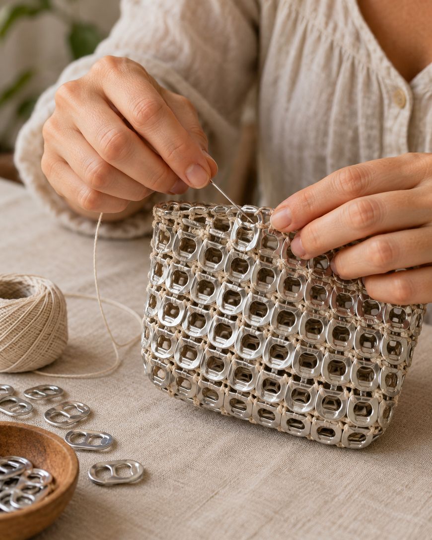 Hands stitching together silver soda can tabs with light-colored thread to create a small bag.