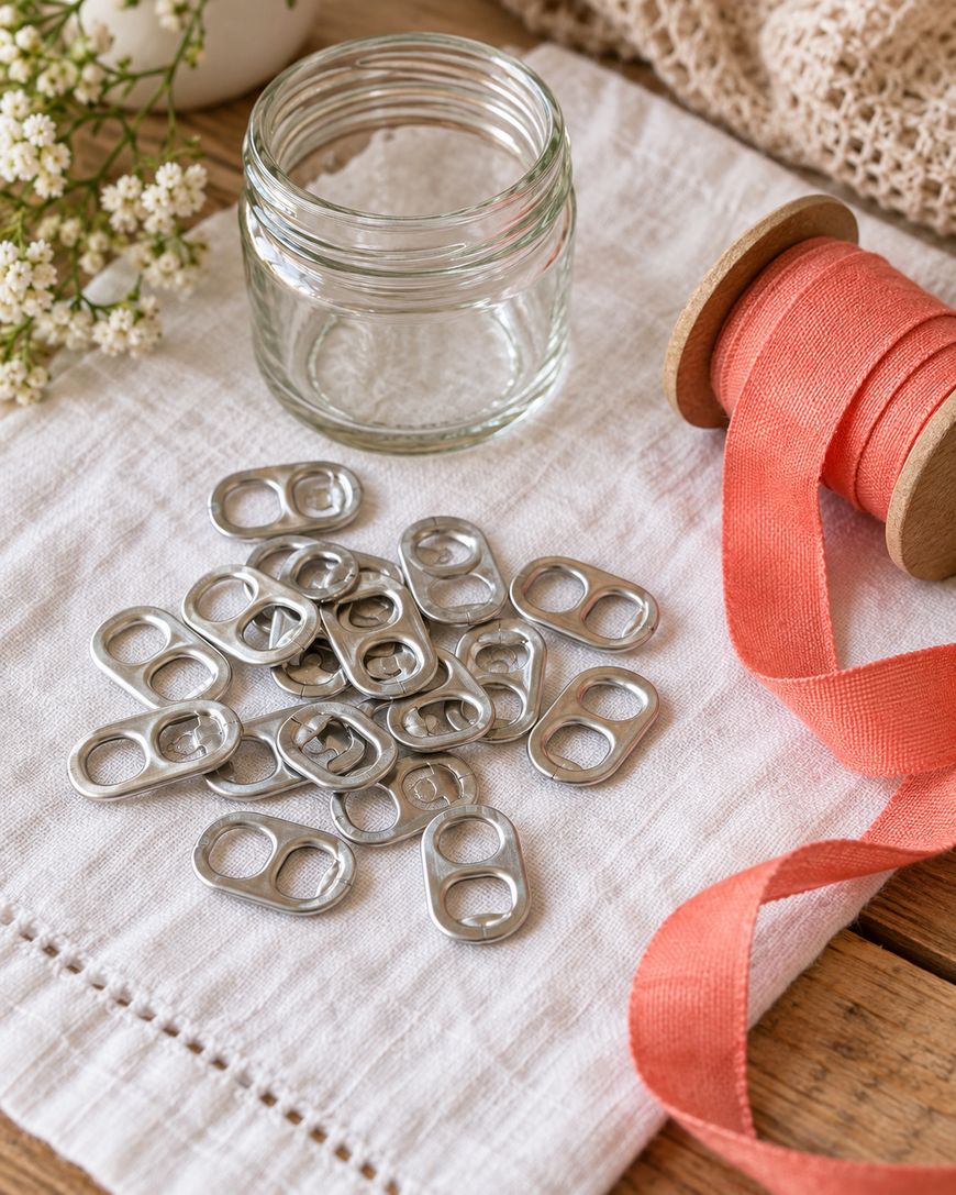 A pile of aluminum soda can tabs, a small empty glass jar, and a spool of coral-colored ribbon on a white fabric cloth.