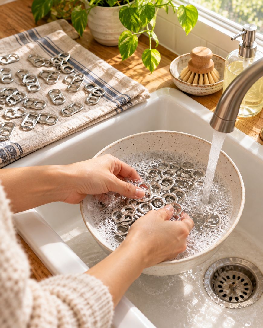 Hands washing a pile of metal soda can tabs in a soapy bowl under a kitchen faucet.
