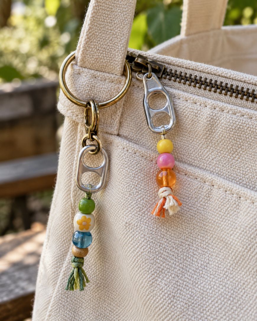 Two beaded zipper pulls made from soda can tabs attached to a cream canvas tote bag.