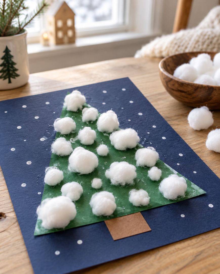 A green paper triangle decorated with white cotton balls to look like a snowy Christmas tree, mounted on dark blue paper with white dots.