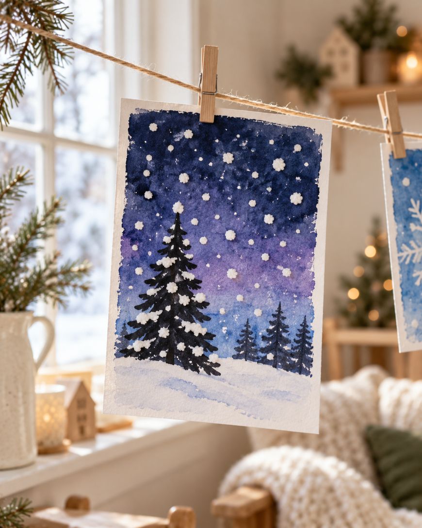A watercolor painting of a snowy night with a decorated Christmas tree, hanging from a clothesline by a wooden clip.