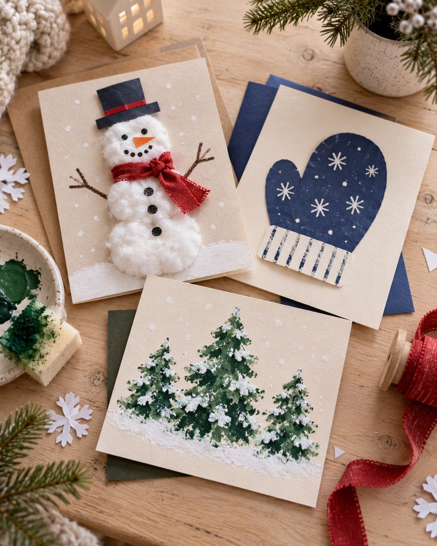 Three handmade Christmas cards featuring a snowman made of cotton balls, a dark blue mitten with white snowflakes, and a watercolor painting of snowy pine trees.