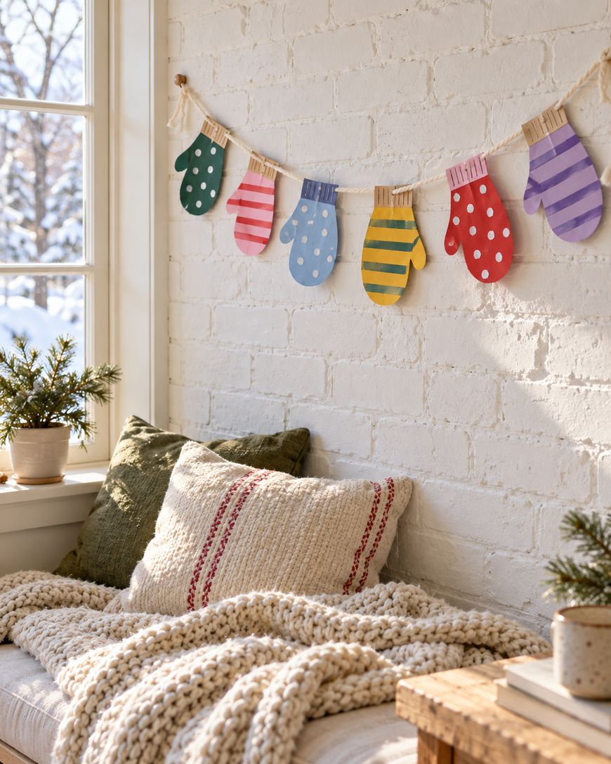 A garland of six colorful paper mittens clipped to a string against a white brick wall above a cozy window seat.
