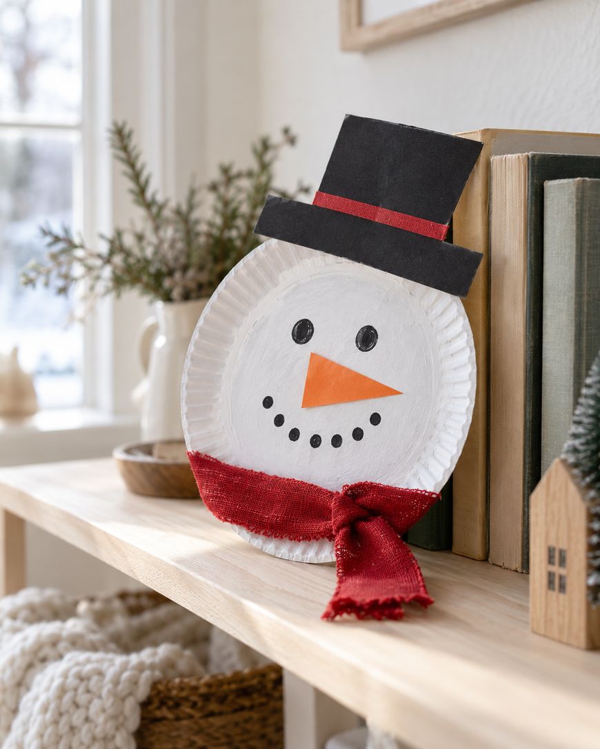 A snowman craft made from a white paper plate, wearing a black paper top hat and a red fabric scarf, sitting on a wooden shelf next to books.
