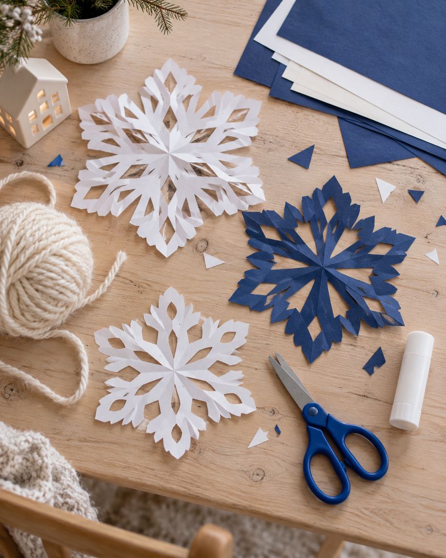Two white and one blue paper snowflake on a wooden table with a ball of yarn, scissors, and paper scraps.