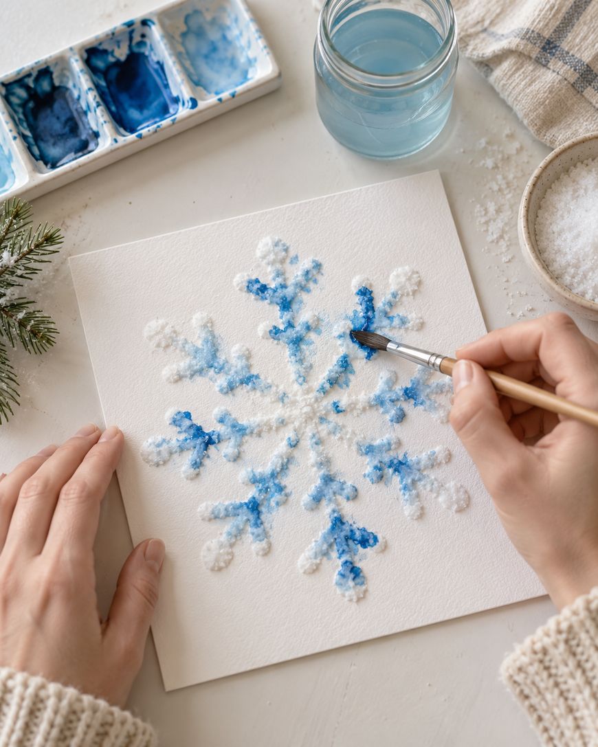 A hand uses a paintbrush to apply blue paint to a textured white snowflake craft project on a table.