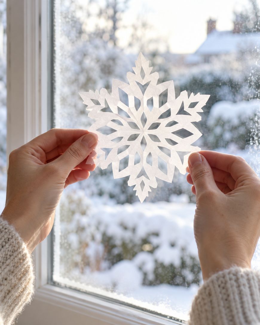 Hands holding a delicate white paper snowflake in front of a window overlooking a snowy landscape.