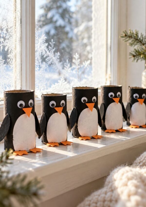 Five penguin figures made from toilet paper rolls and construction paper standing on a windowsill.