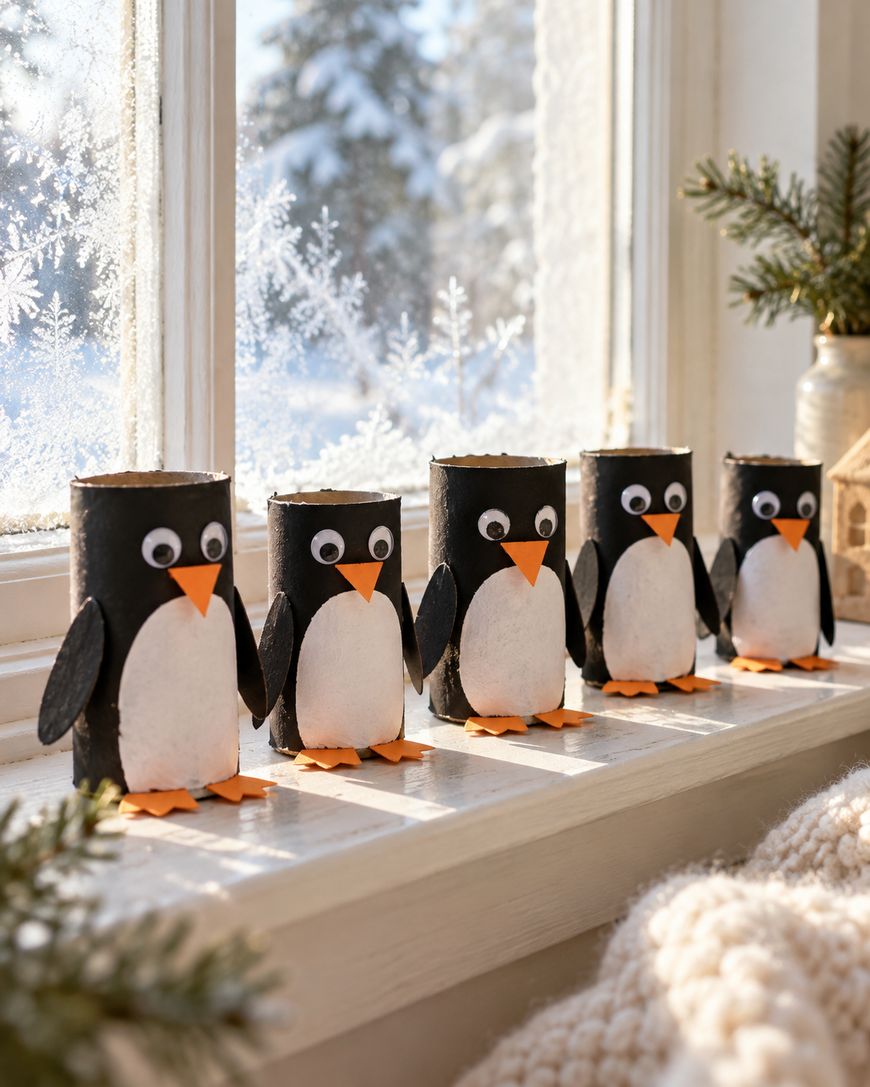 Five penguin figures made from toilet paper rolls and construction paper standing on a windowsill.